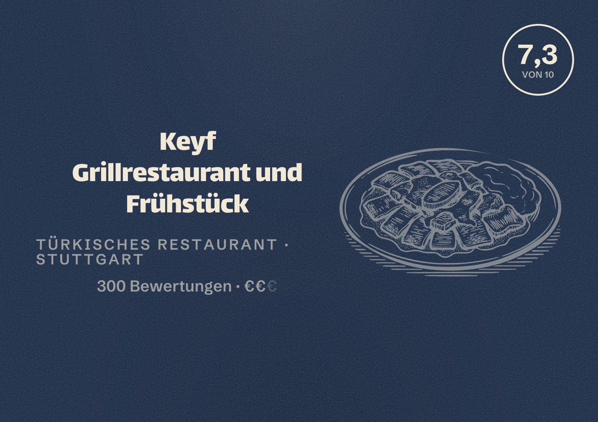 Illustriertes Poster von Keyf Grillrestaurant und Frühstück, Türkisches Restaurant in Stuttgart: Bewertung 7,3 von 10 aus 300 Bewertungen, Preisniveau €€
