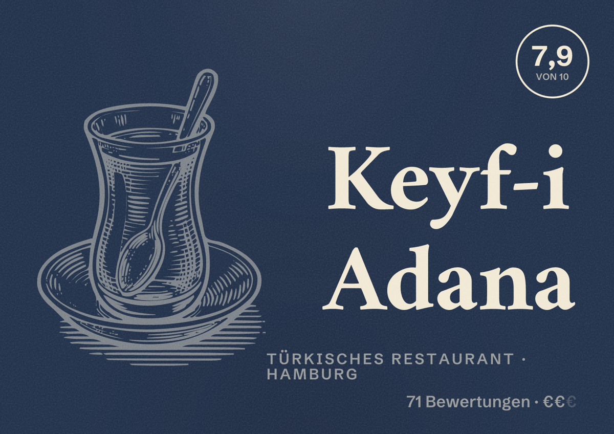 Illustriertes Poster von Keyf-i Adana, Türkisches Restaurant in Hamburg: Bewertung 7,9 von 10 aus 71 Bewertungen, Preisniveau €€