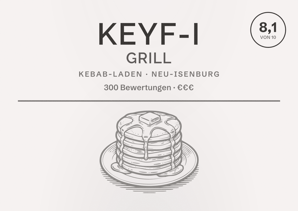 Illustriertes Poster von KEYF-I GRILL, Kebab-Laden in Neu-Isenburg: Bewertung 8,1 von 10 aus 300 Bewertungen, Preisniveau €€€