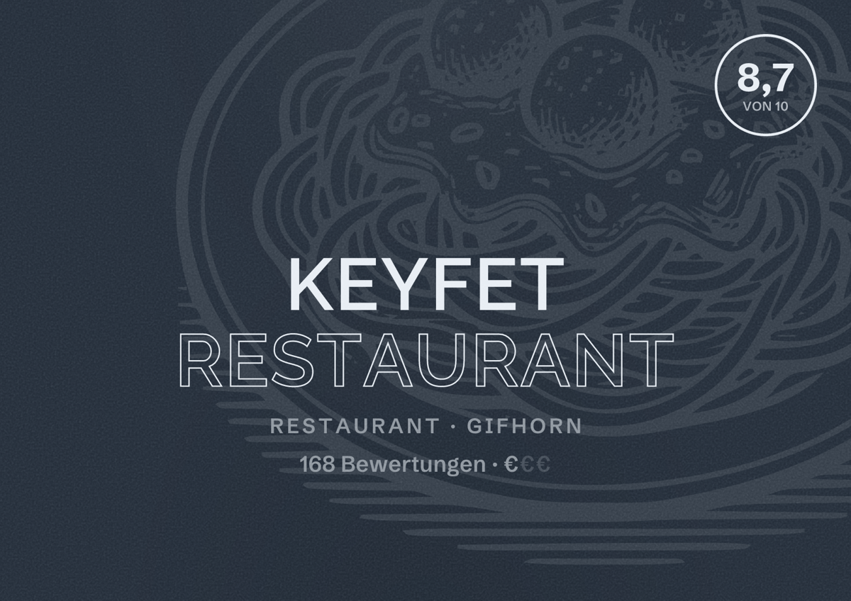 Illustriertes Poster von Keyfet Restaurant, Restaurant in Gifhorn: Bewertung 8,7 von 10 aus 168 Bewertungen, Preisniveau €