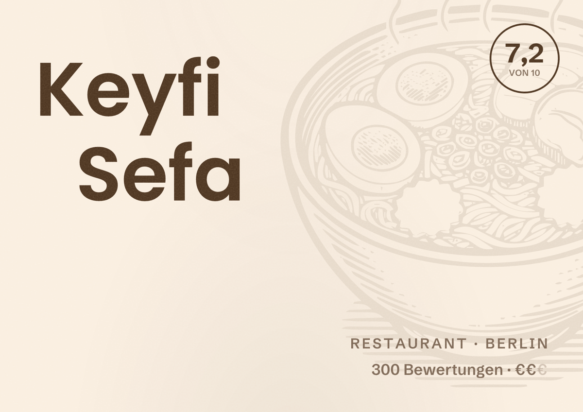 Illustriertes Poster von Keyfi Sefa, Restaurant in Berlin: Bewertung 7,2 von 10 aus 300 Bewertungen, Preisniveau €€