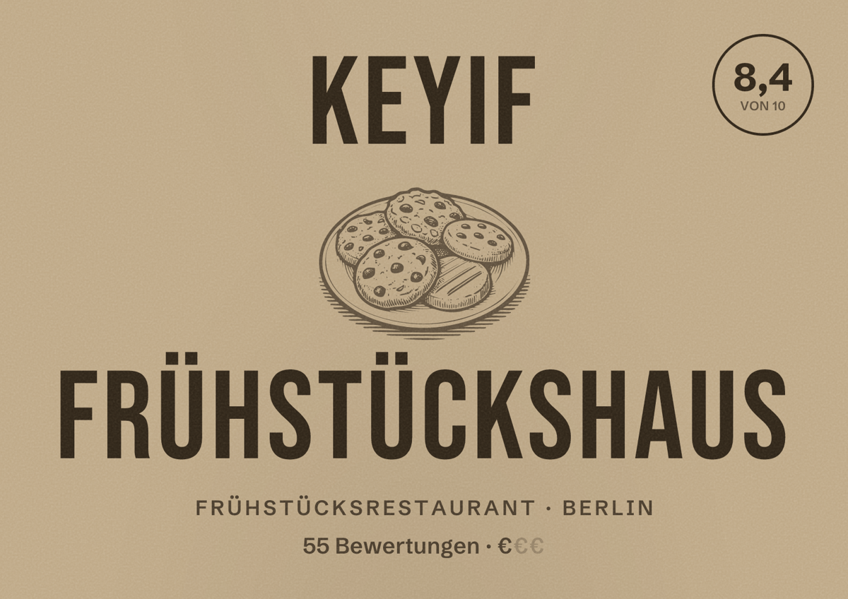 Illustriertes Poster von Keyif Frühstückshaus, Frühstücksrestaurant in Berlin: Bewertung 8,4 von 10 aus 55 Bewertungen, Preisniveau €