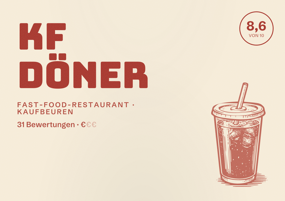 Illustriertes Poster von KF Döner, Fast-Food-Restaurant in Kaufbeuren: Bewertung 8,6 von 10 aus 31 Bewertungen, Preisniveau €