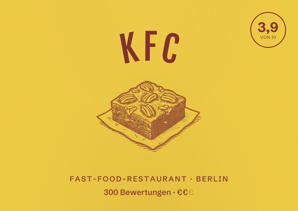 Illustriertes Poster von KFC, Fast-Food-Restaurant in Berlin: Bewertung 3,9 von 10 aus 300 Bewertungen, Preisniveau €€