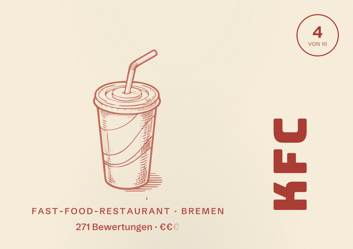 Illustriertes Poster von KFC, Fast-Food-Restaurant in Bremen: Bewertung 4 von 10 aus 271 Bewertungen, Preisniveau €€