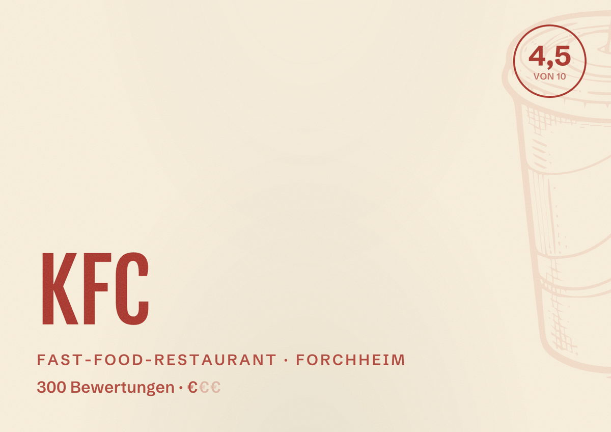 Illustriertes Poster von KFC, Fast-Food-Restaurant in Forchheim: Bewertung 4,5 von 10 aus 300 Bewertungen, Preisniveau €