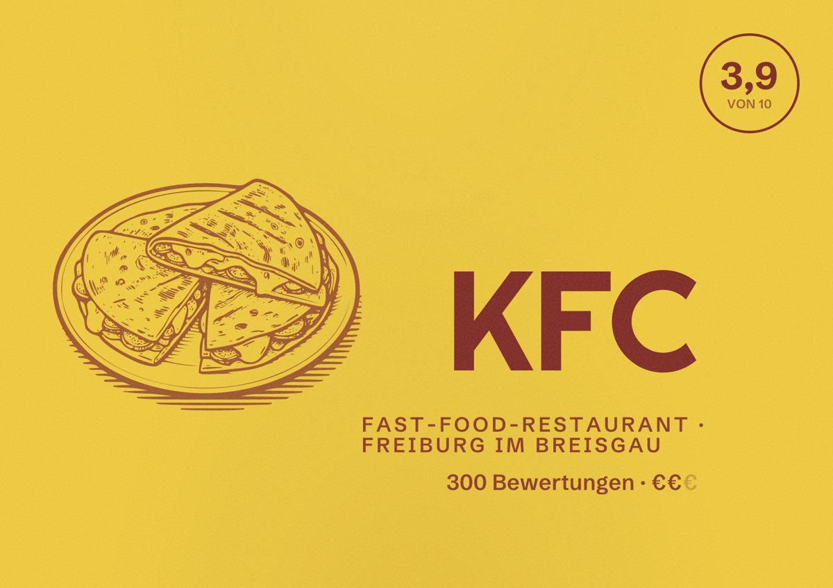 Illustriertes Poster von KFC, Fast-Food-Restaurant in Freiburg im Breisgau: Bewertung 3,9 von 10 aus 300 Bewertungen, Preisniveau €€