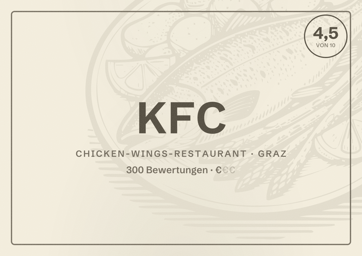 Illustriertes Poster von KFC, Chicken-Wings-Restaurant in Graz: Bewertung 4,5 von 10 aus 300 Bewertungen, Preisniveau €