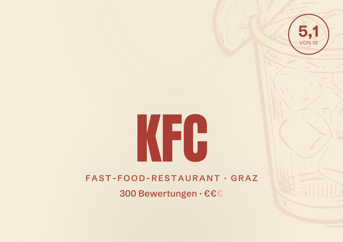 Illustriertes Poster von KFC, Fast-Food-Restaurant in Graz: Bewertung 5,1 von 10 aus 300 Bewertungen, Preisniveau €€
