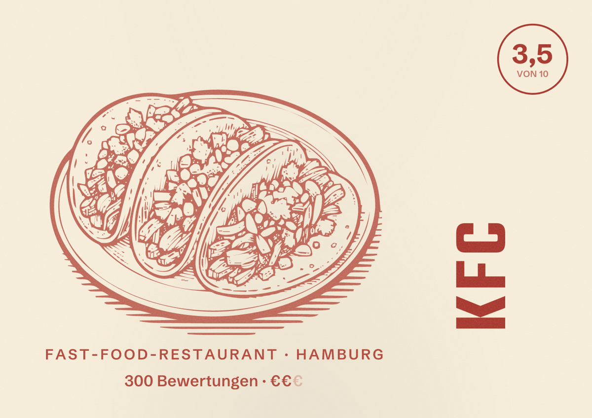 Illustriertes Poster von KFC, Fast-Food-Restaurant in Hamburg: Bewertung 3,5 von 10 aus 300 Bewertungen, Preisniveau €€
