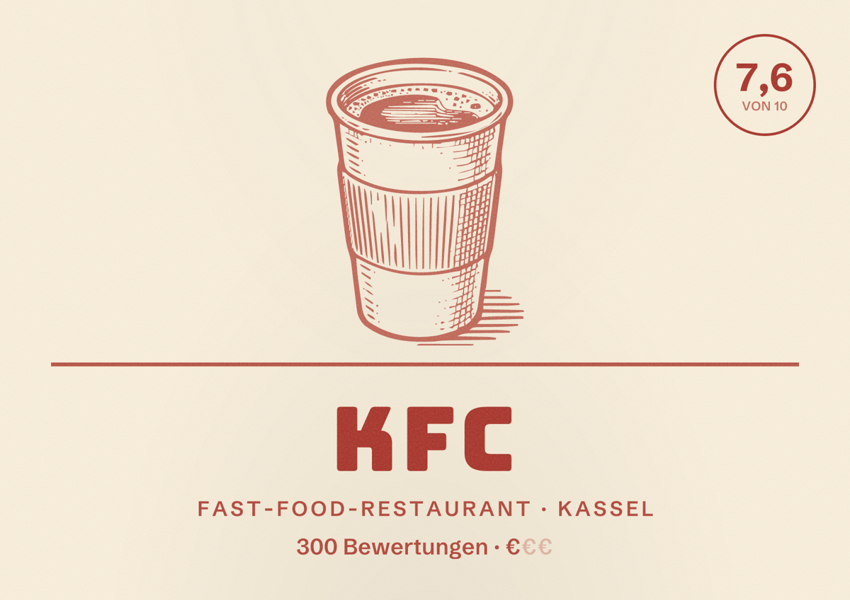 Illustriertes Poster von KFC, Fast-Food-Restaurant in Kassel: Bewertung 7,6 von 10 aus 300 Bewertungen, Preisniveau €