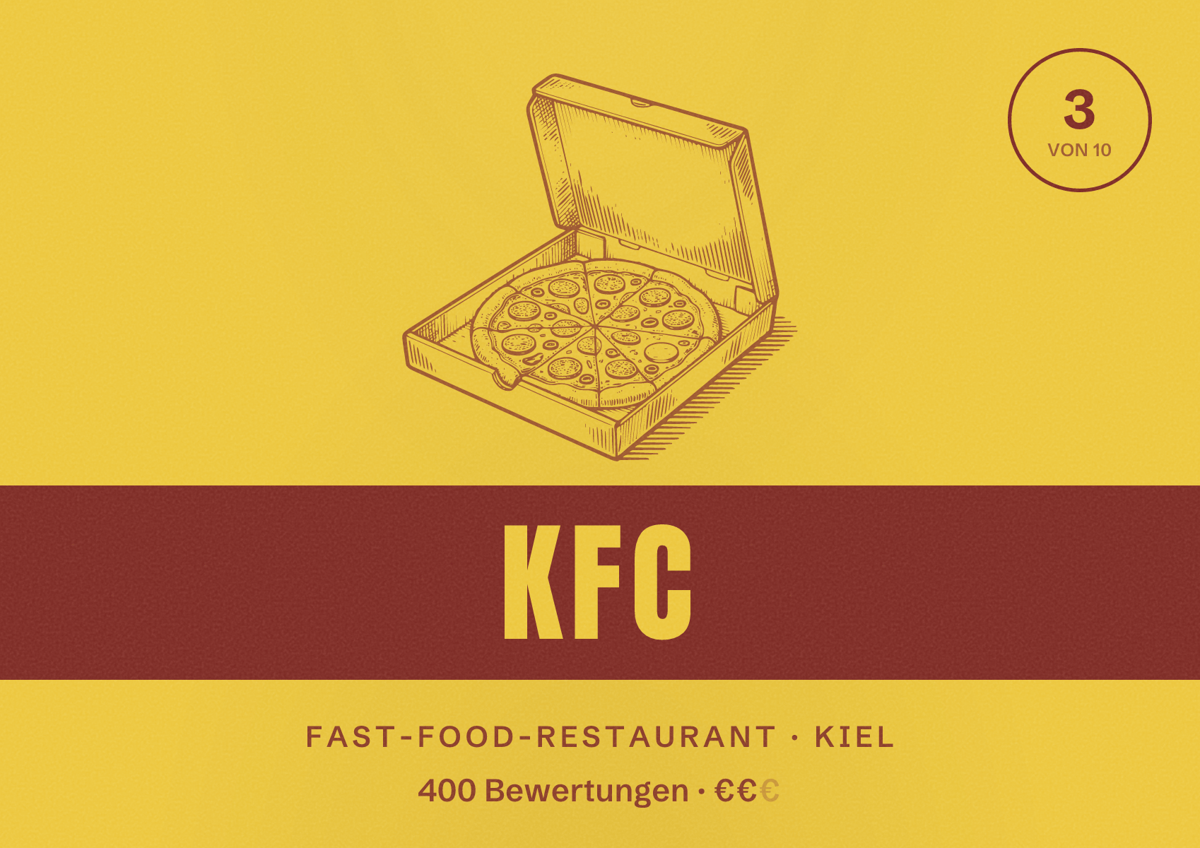 Illustriertes Poster von KFC, Fast-Food-Restaurant in Kiel: Bewertung 3 von 10 aus 400 Bewertungen, Preisniveau €€