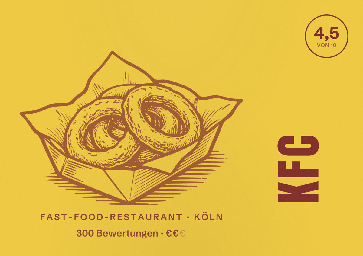 Illustriertes Poster von KFC, Fast-Food-Restaurant in Köln: Bewertung 4,5 von 10 aus 300 Bewertungen, Preisniveau €€