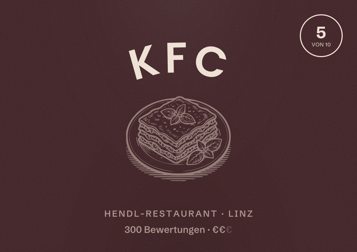 Illustriertes Poster von KFC, Hendl-Restaurant in Linz: Bewertung 5 von 10 aus 300 Bewertungen, Preisniveau €€