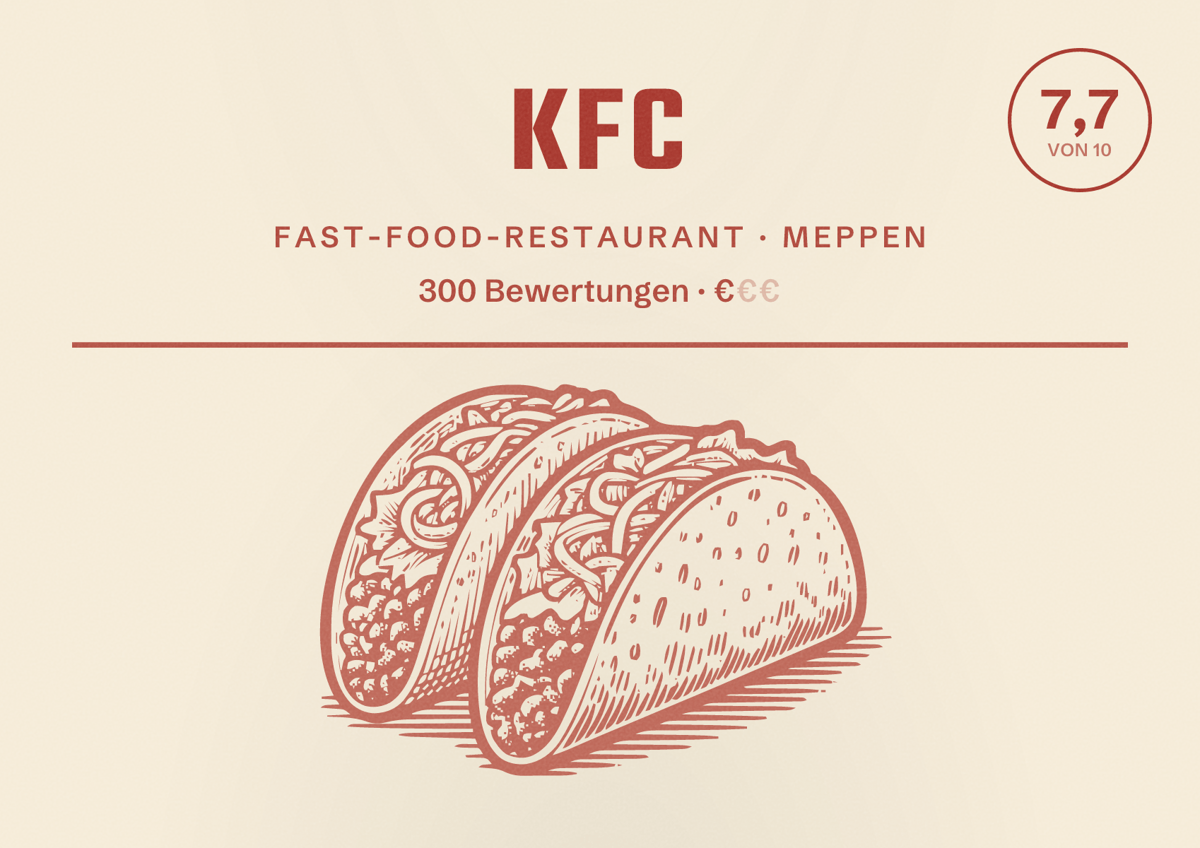 Illustriertes Poster von KFC, Fast-Food-Restaurant in Meppen: Bewertung 7,7 von 10 aus 300 Bewertungen, Preisniveau €