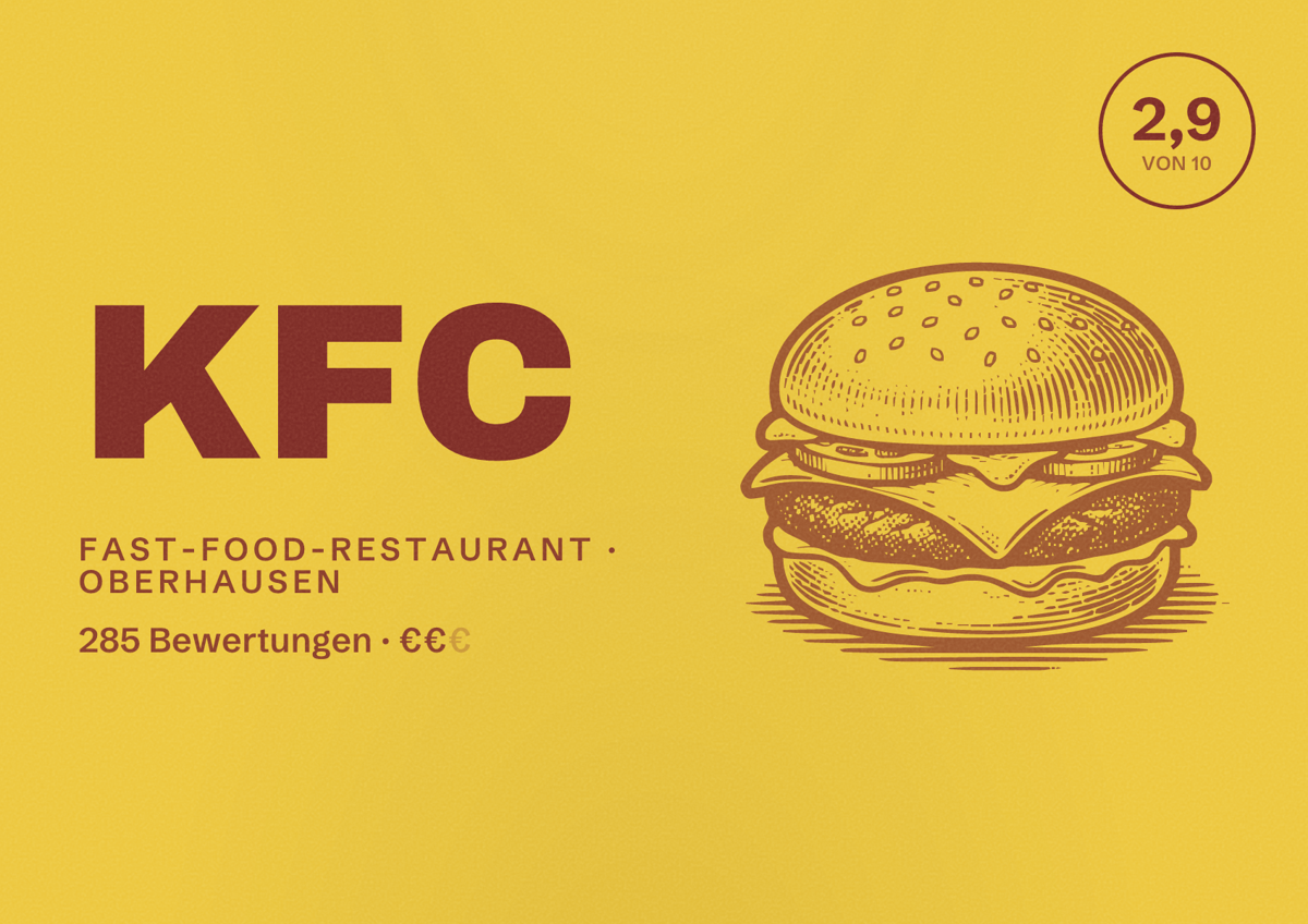 Illustriertes Poster von KFC, Fast-Food-Restaurant in Oberhausen: Bewertung 2,9 von 10 aus 285 Bewertungen, Preisniveau €€
