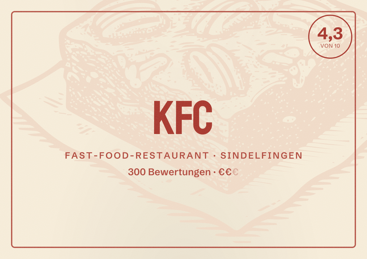 Illustriertes Poster von KFC, Fast-Food-Restaurant in Sindelfingen: Bewertung 4,3 von 10 aus 300 Bewertungen, Preisniveau €€