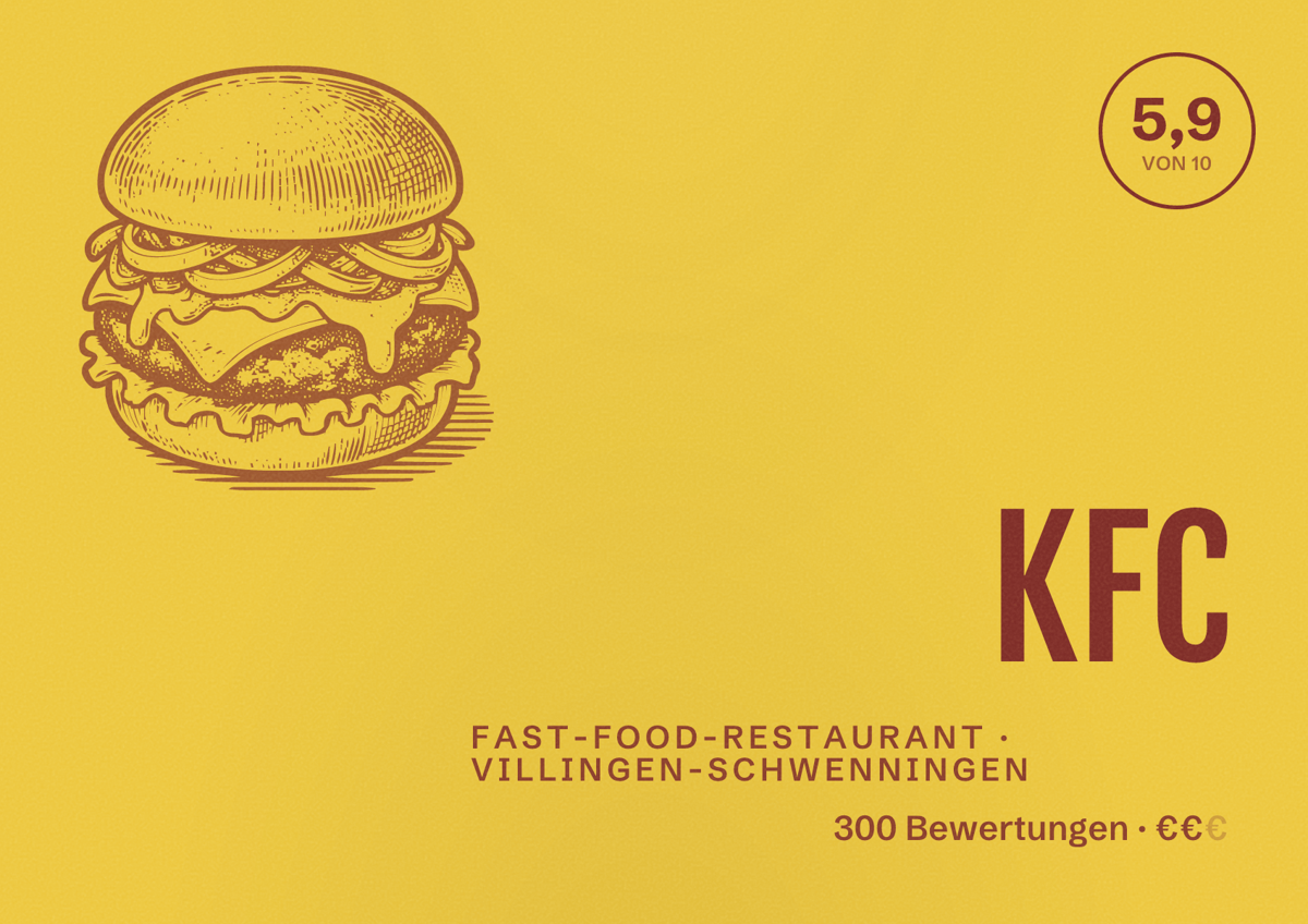 Illustriertes Poster von KFC, Fast-Food-Restaurant in Villingen-Schwenningen: Bewertung 5,9 von 10 aus 300 Bewertungen, Preisniveau €€