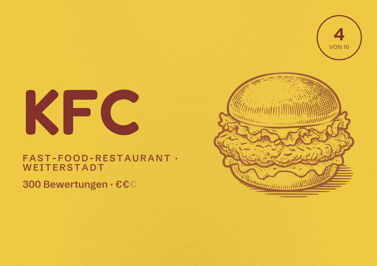 Illustriertes Poster von KFC, Fast-Food-Restaurant in Weiterstadt: Bewertung 4 von 10 aus 300 Bewertungen, Preisniveau €€