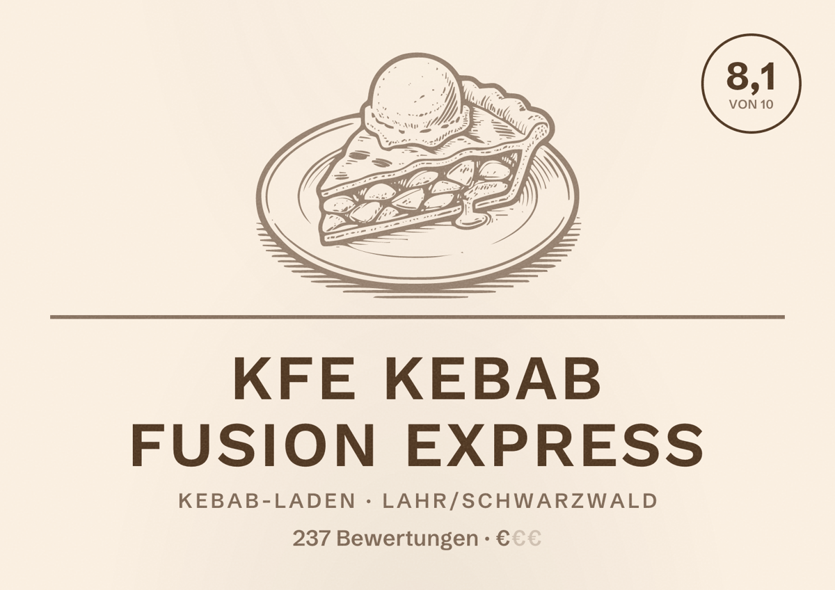 Illustriertes Poster von KFE Kebab Fusion Express, Kebab-Laden in Lahr/Schwarzwald: Bewertung 8,1 von 10 aus 237 Bewertungen, Preisniveau €