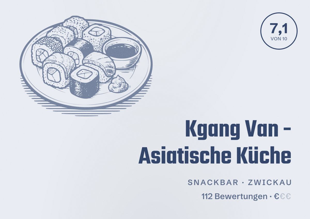 Illustriertes Poster von Kgang Van - Asiatische Küche, Snackbar in Zwickau: Bewertung 7,1 von 10 aus 112 Bewertungen, Preisniveau €