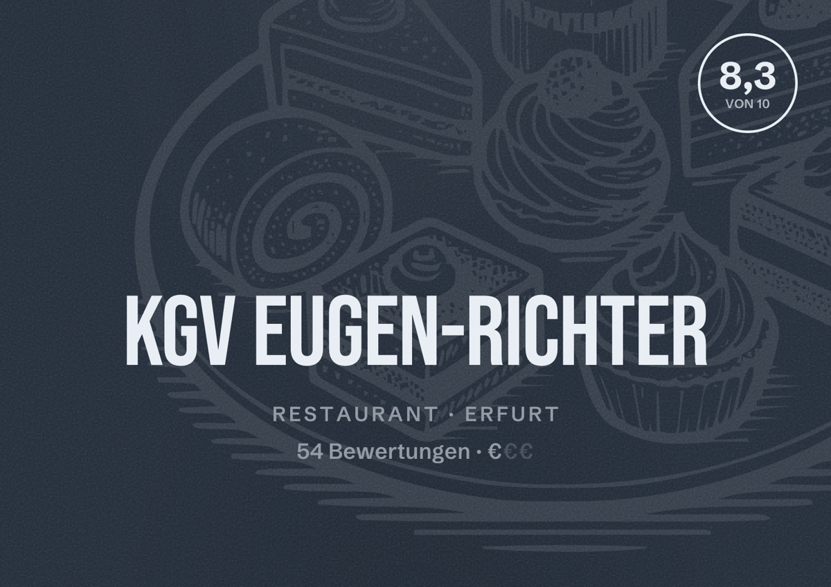 Illustriertes Poster von KGV Eugen-Richter, Restaurant in Erfurt: Bewertung 8,3 von 10 aus 54 Bewertungen, Preisniveau €
