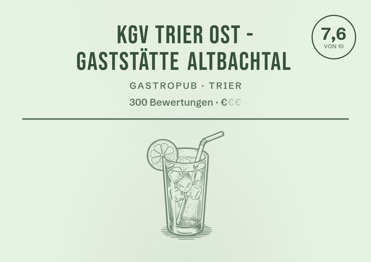 Illustriertes Poster von KGV Trier Ost - Gaststätte Altbachtal, Gastropub in Trier: Bewertung 7,6 von 10 aus 300 Bewertungen, Preisniveau €