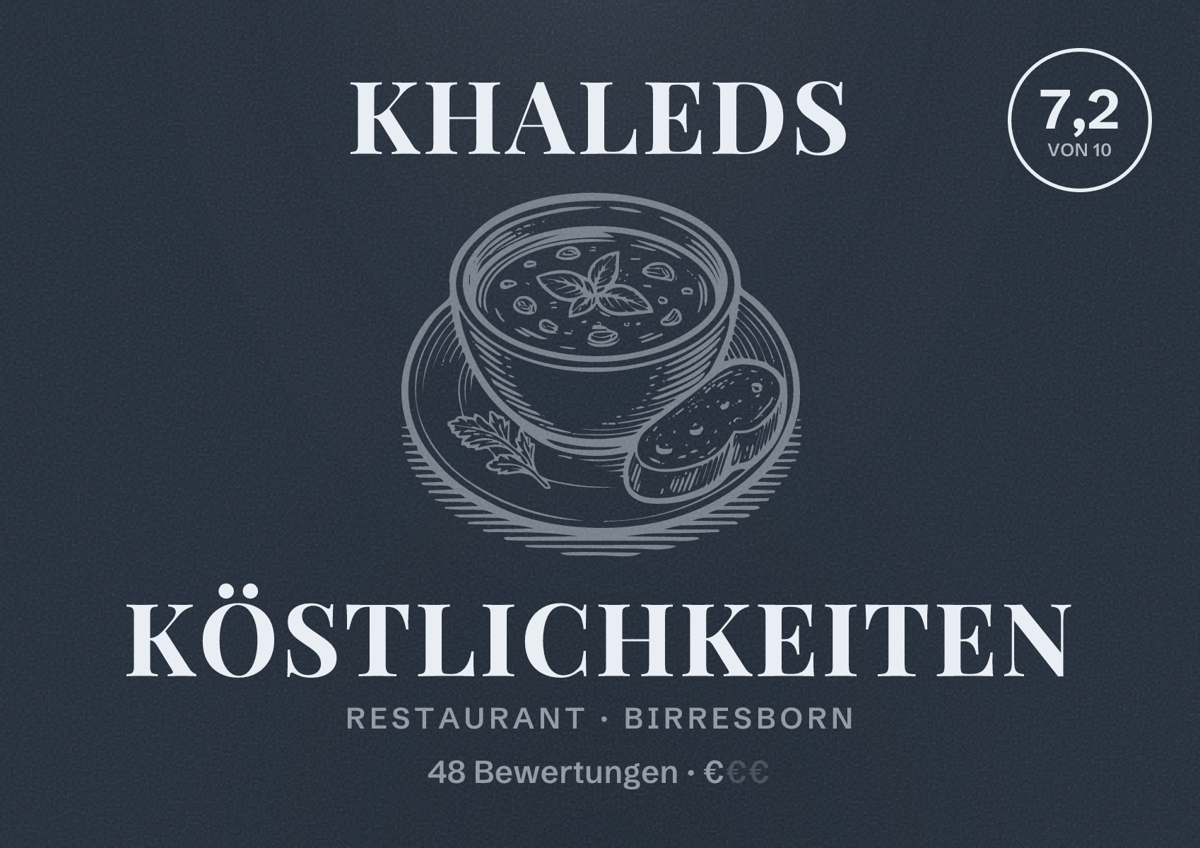 Illustriertes Poster von Khaleds Köstlichkeiten, Restaurant in Birresborn: Bewertung 7,2 von 10 aus 48 Bewertungen, Preisniveau €