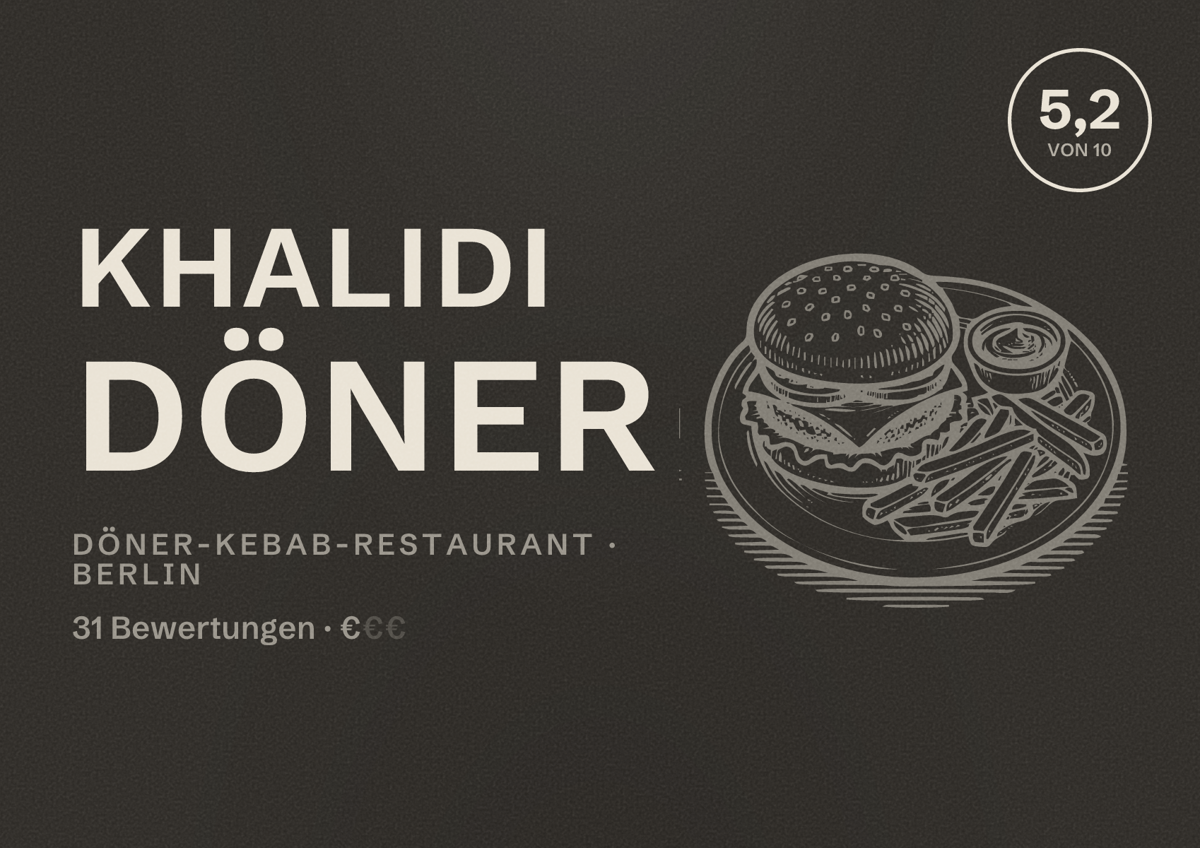 Illustriertes Poster von Khalidi Döner, Döner-Kebab-Restaurant in Berlin: Bewertung 5,2 von 10 aus 31 Bewertungen, Preisniveau €