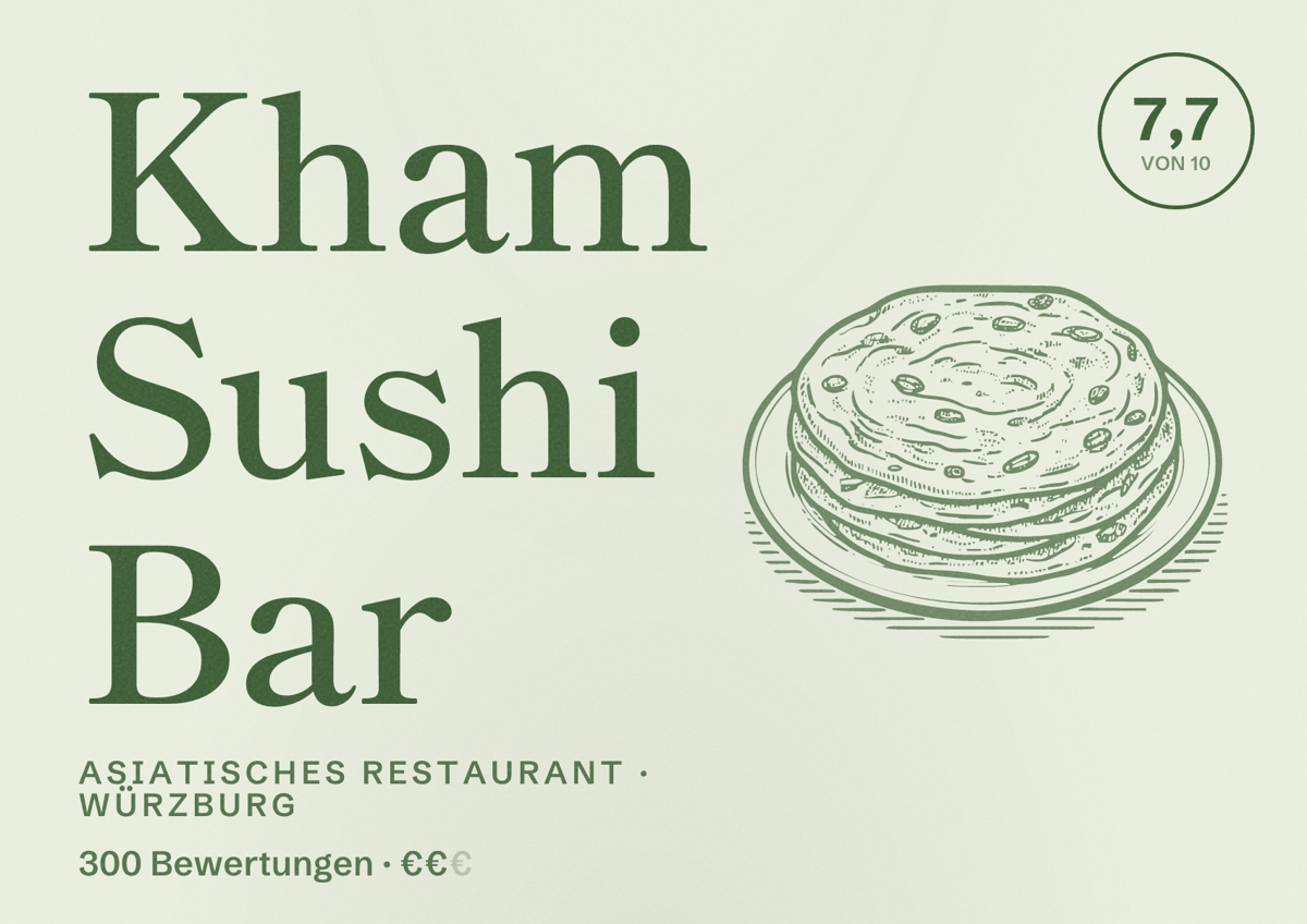 Illustriertes Poster von Kham Sushi Bar, Asiatisches Restaurant in Würzburg: Bewertung 7,7 von 10 aus 300 Bewertungen, Preisniveau €€