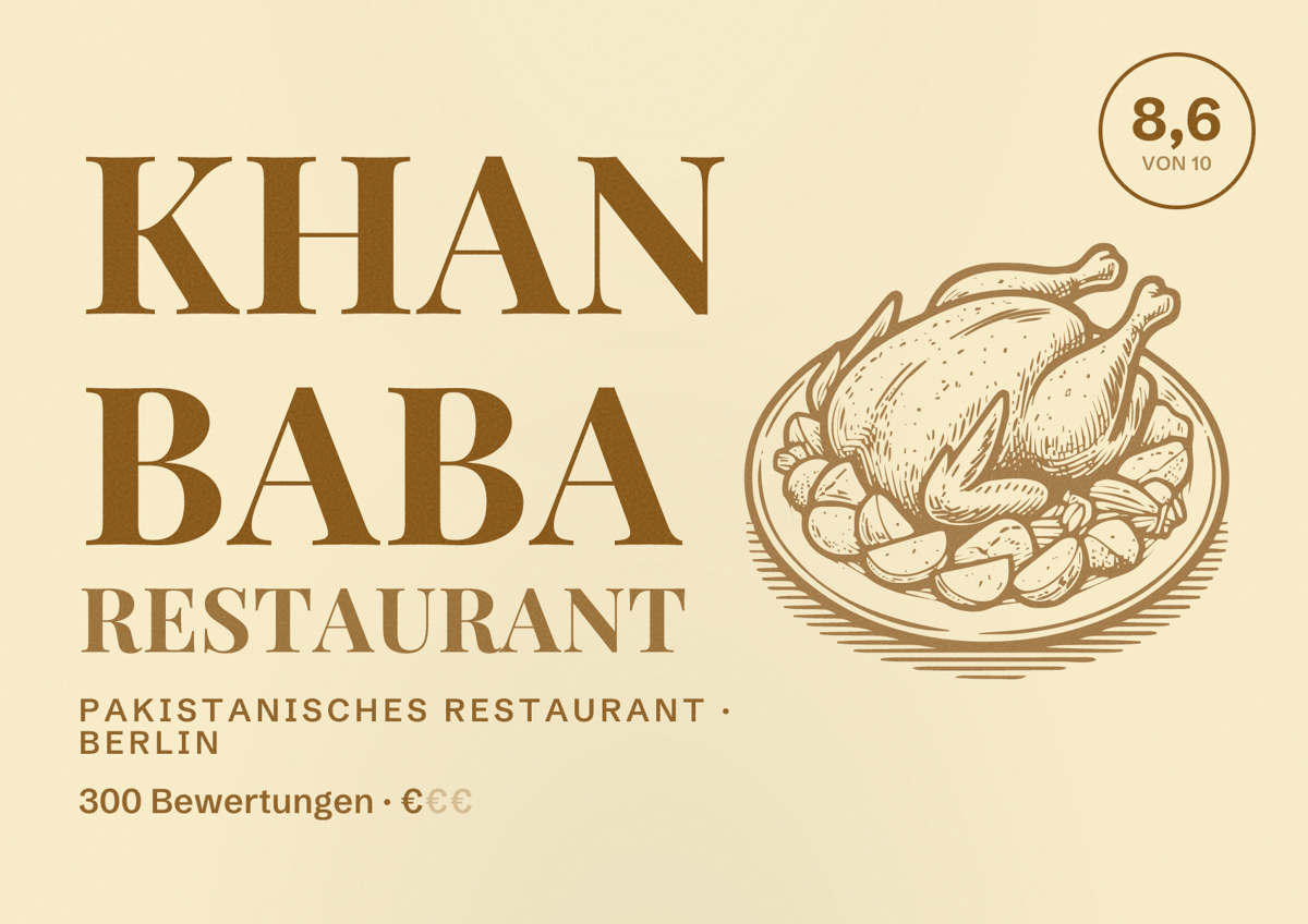 Illustriertes Poster von Khan Baba Restaurant, Pakistanisches Restaurant in Berlin: Bewertung 8,6 von 10 aus 300 Bewertungen, Preisniveau €