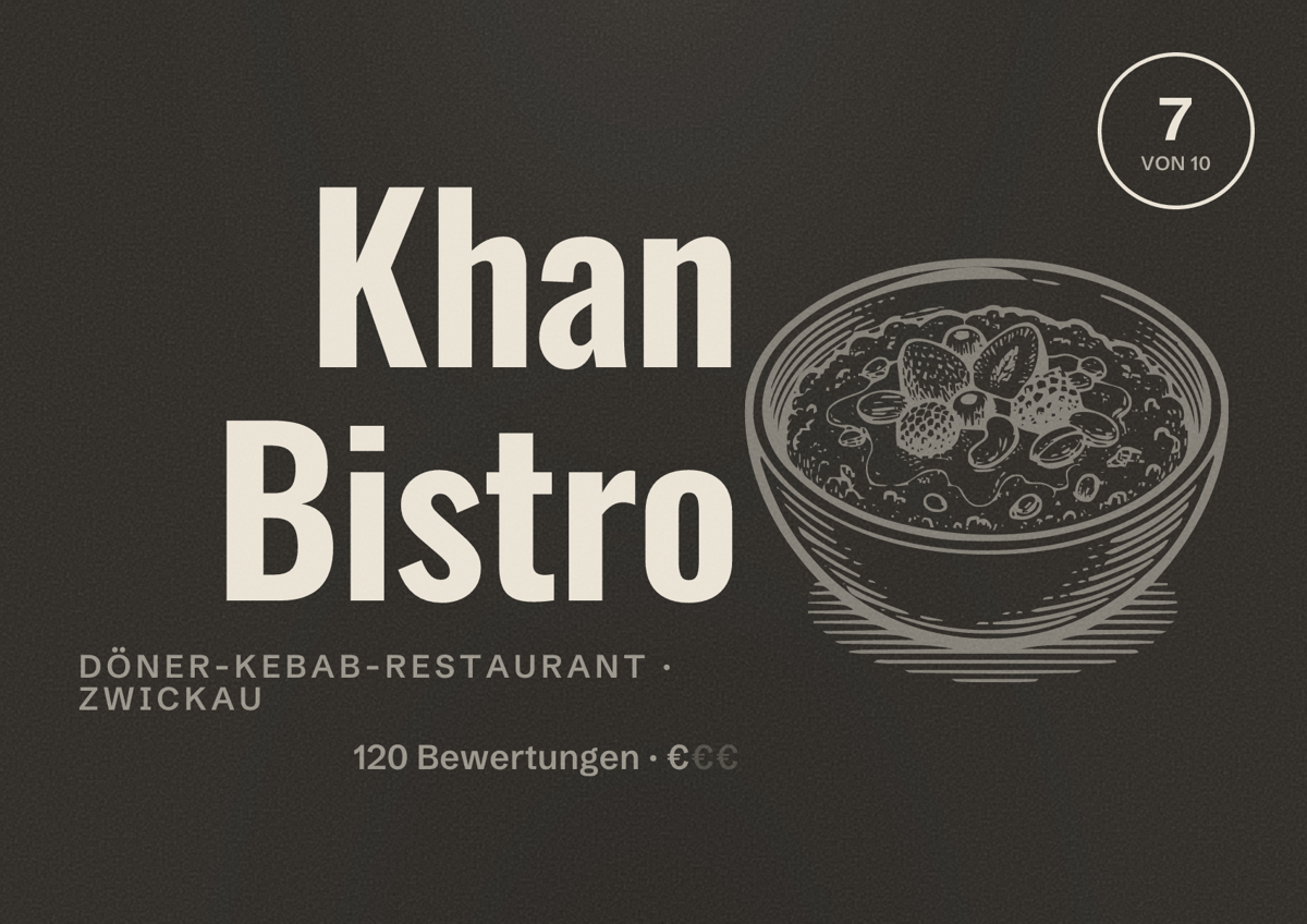 Illustriertes Poster von Khan Bistro, Döner-Kebab-Restaurant in Zwickau: Bewertung 7 von 10 aus 120 Bewertungen, Preisniveau €
