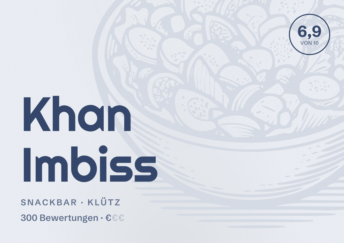 Illustriertes Poster von Khan Imbiss, Snackbar in Klütz: Bewertung 6,9 von 10 aus 300 Bewertungen, Preisniveau €
