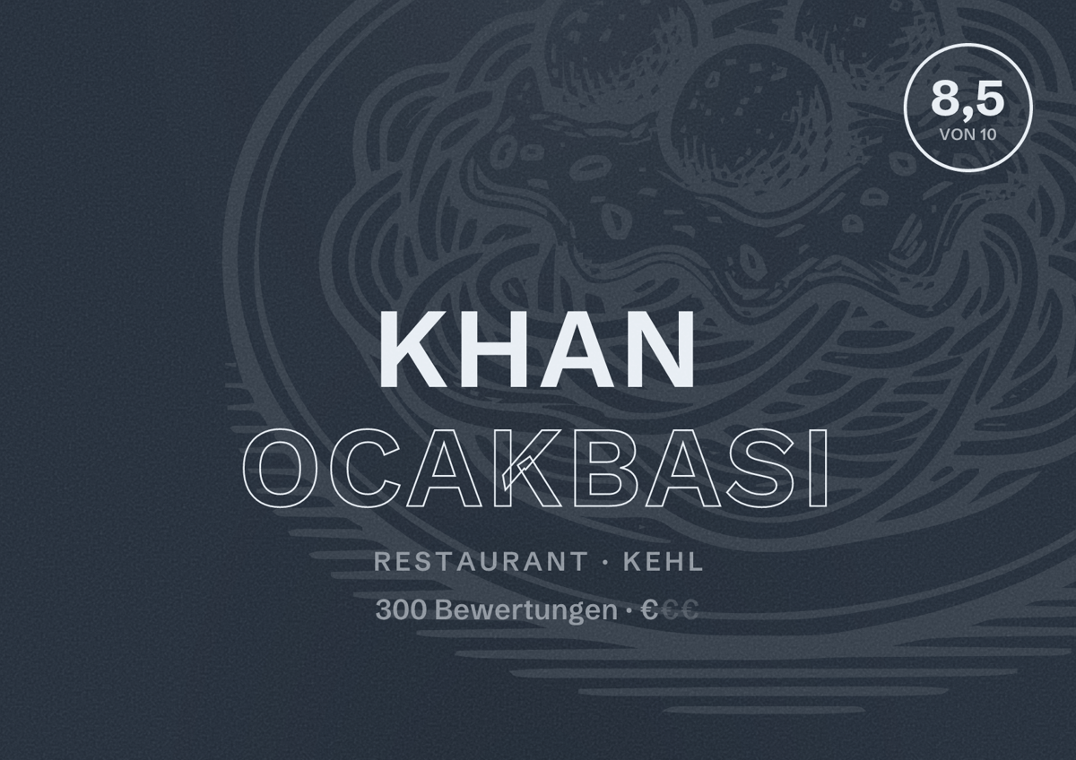 Illustriertes Poster von Khan ocakbasi, Restaurant in Kehl: Bewertung 8,5 von 10 aus 300 Bewertungen, Preisniveau €