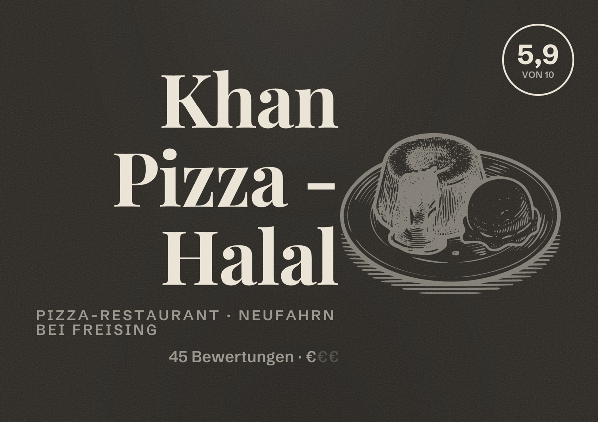 Illustriertes Poster von Khan Pizza - Halal, Pizza-Restaurant in Neufahrn bei Freising: Bewertung 5,9 von 10 aus 45 Bewertungen, Preisniveau €