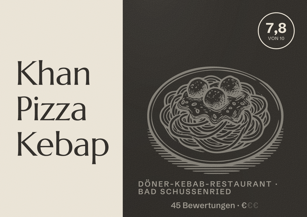 Illustriertes Poster von Khan Pizza Kebap, Döner-Kebab-Restaurant in Bad Schussenried: Bewertung 7,8 von 10 aus 45 Bewertungen, Preisniveau €