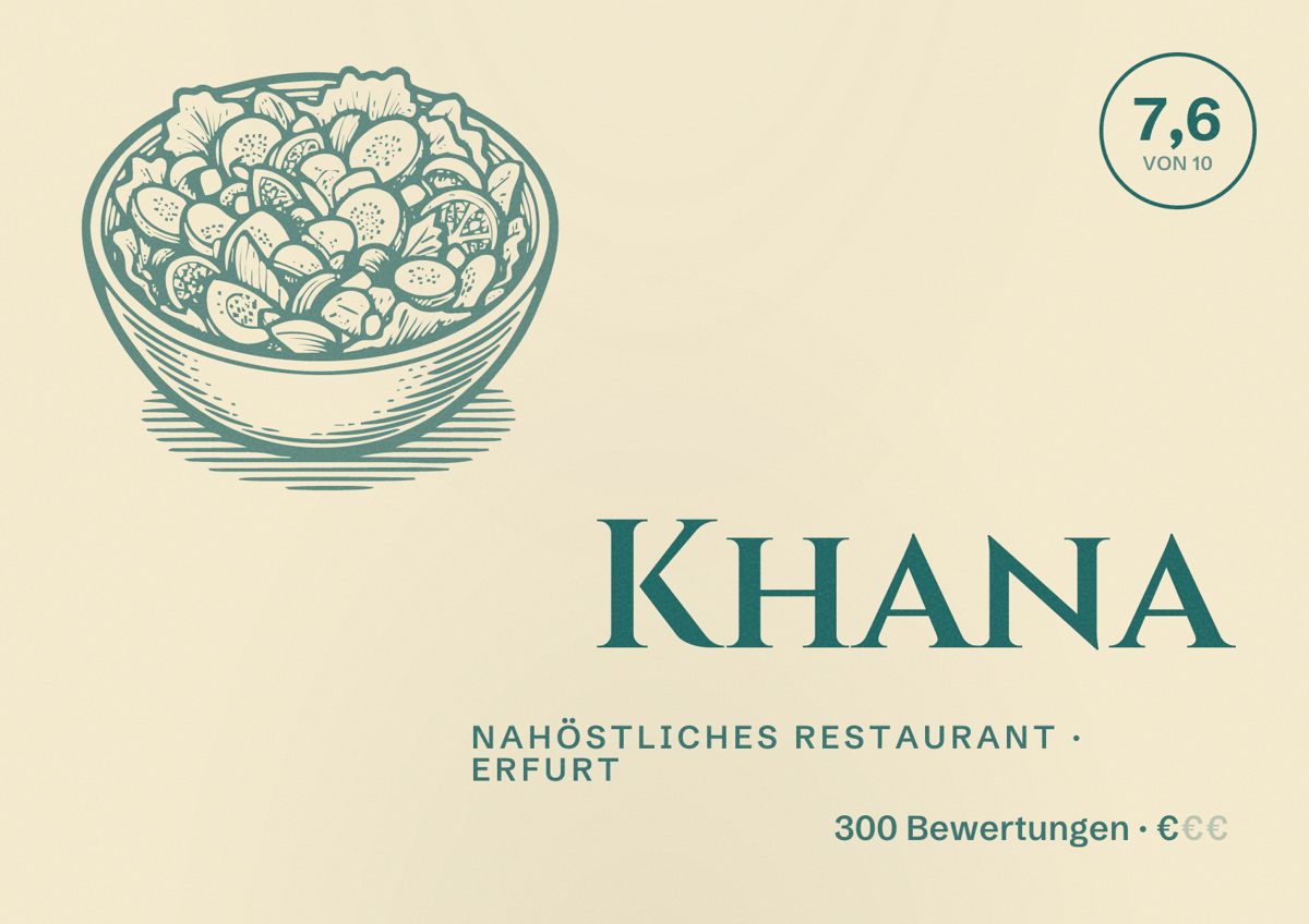 Illustriertes Poster von Khana, Nahöstliches Restaurant in Erfurt: Bewertung 7,6 von 10 aus 300 Bewertungen, Preisniveau €