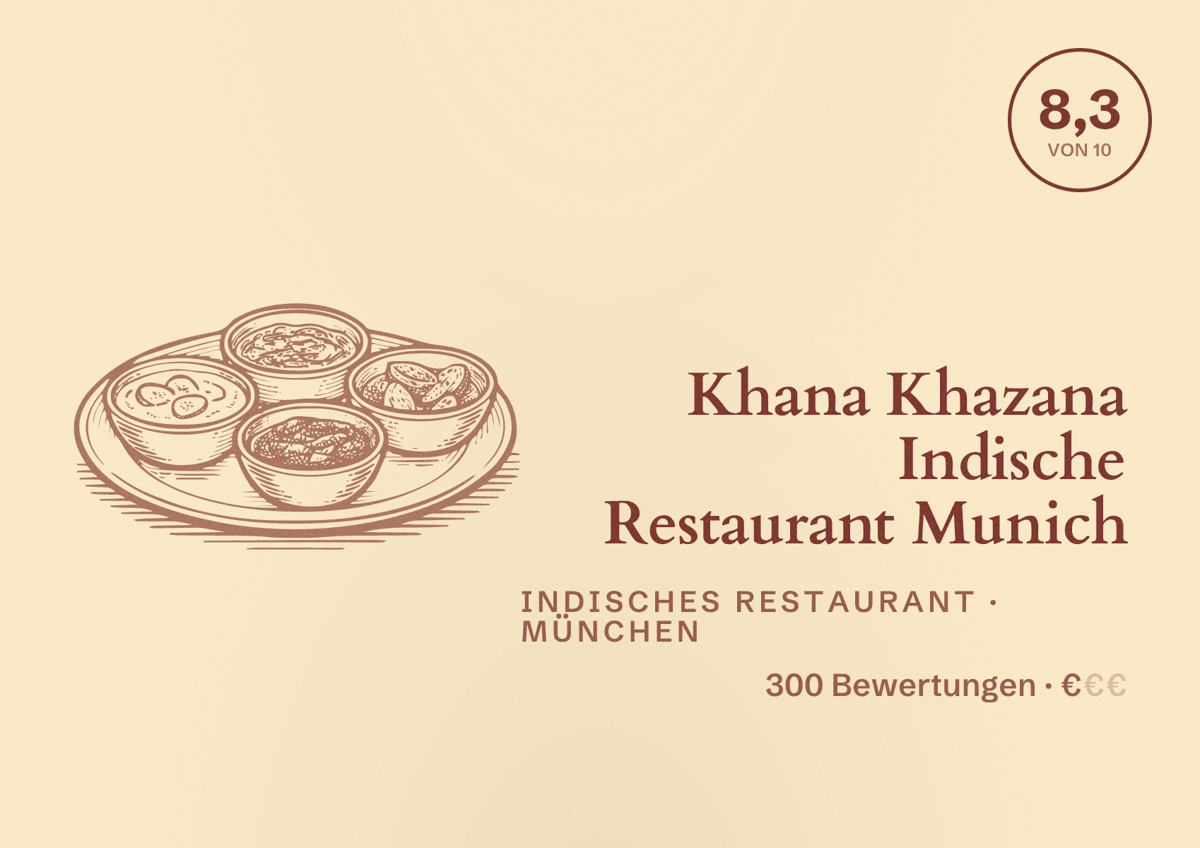 Illustriertes Poster von Khana Khazana Indische Restaurant Munich, Indisches Restaurant in München: Bewertung 8,3 von 10 aus 300 Bewertungen, Preisniveau €
