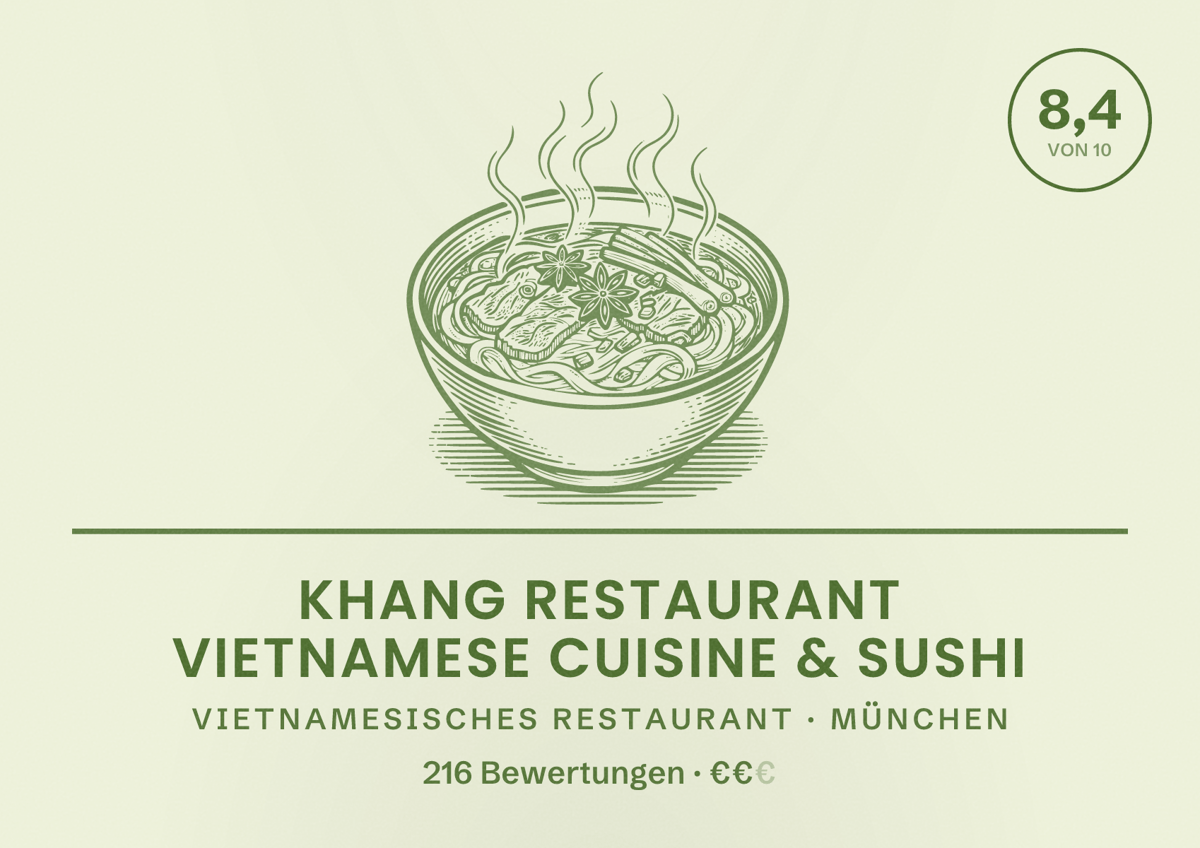 Illustriertes Poster von Khang Restaurant Vietnamese Cuisine & Sushi, Vietnamesisches Restaurant in München: Bewertung 8,4 von 10 aus 216 Bewertungen, Preisniveau €€