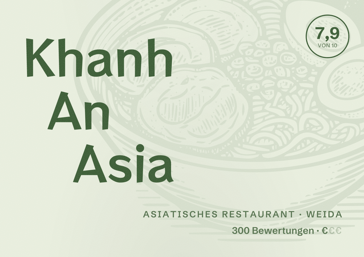 Illustriertes Poster von Khanh An Asia, Asiatisches Restaurant in Weida: Bewertung 7,9 von 10 aus 300 Bewertungen, Preisniveau €
