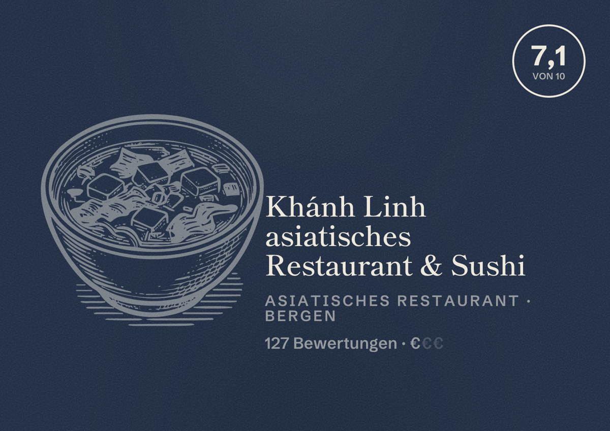 Illustriertes Poster von Khánh Linh asiatisches Restaurant & Sushi, Asiatisches Restaurant in Bergen: Bewertung 7,1 von 10 aus 127 Bewertungen, Preisniveau €