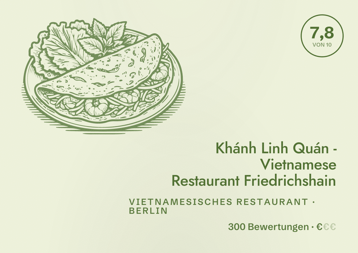 Illustriertes Poster von Khánh Linh Quán - Vietnamese Restaurant Friedrichshain, Vietnamesisches Restaurant in Berlin: Bewertung 7,8 von 10 aus 300 Bewertungen, Preisniveau €