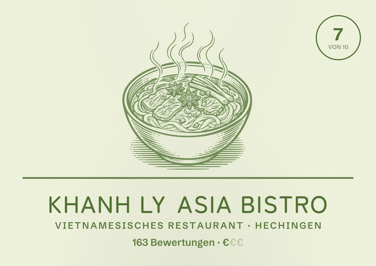 Illustriertes Poster von Khanh Ly Asia Bistro, Vietnamesisches Restaurant in Hechingen: Bewertung 7 von 10 aus 163 Bewertungen, Preisniveau €