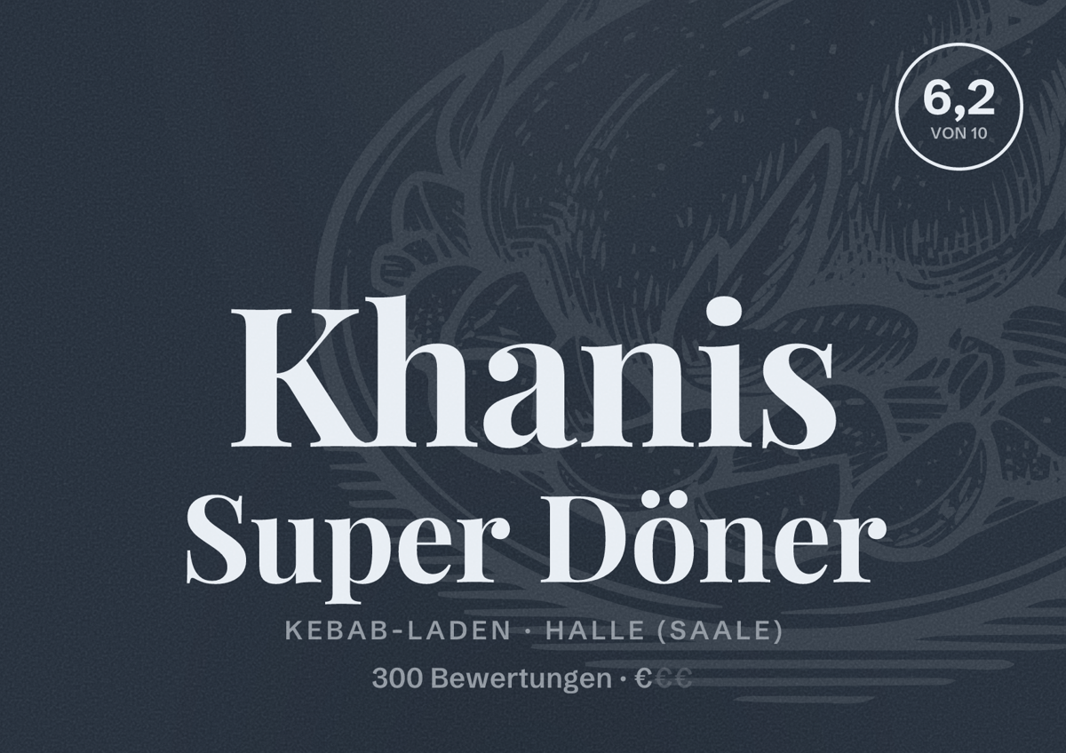 Illustriertes Poster von Khanis Super Döner, Kebab-Laden in Halle (Saale): Bewertung 6,2 von 10 aus 300 Bewertungen, Preisniveau €