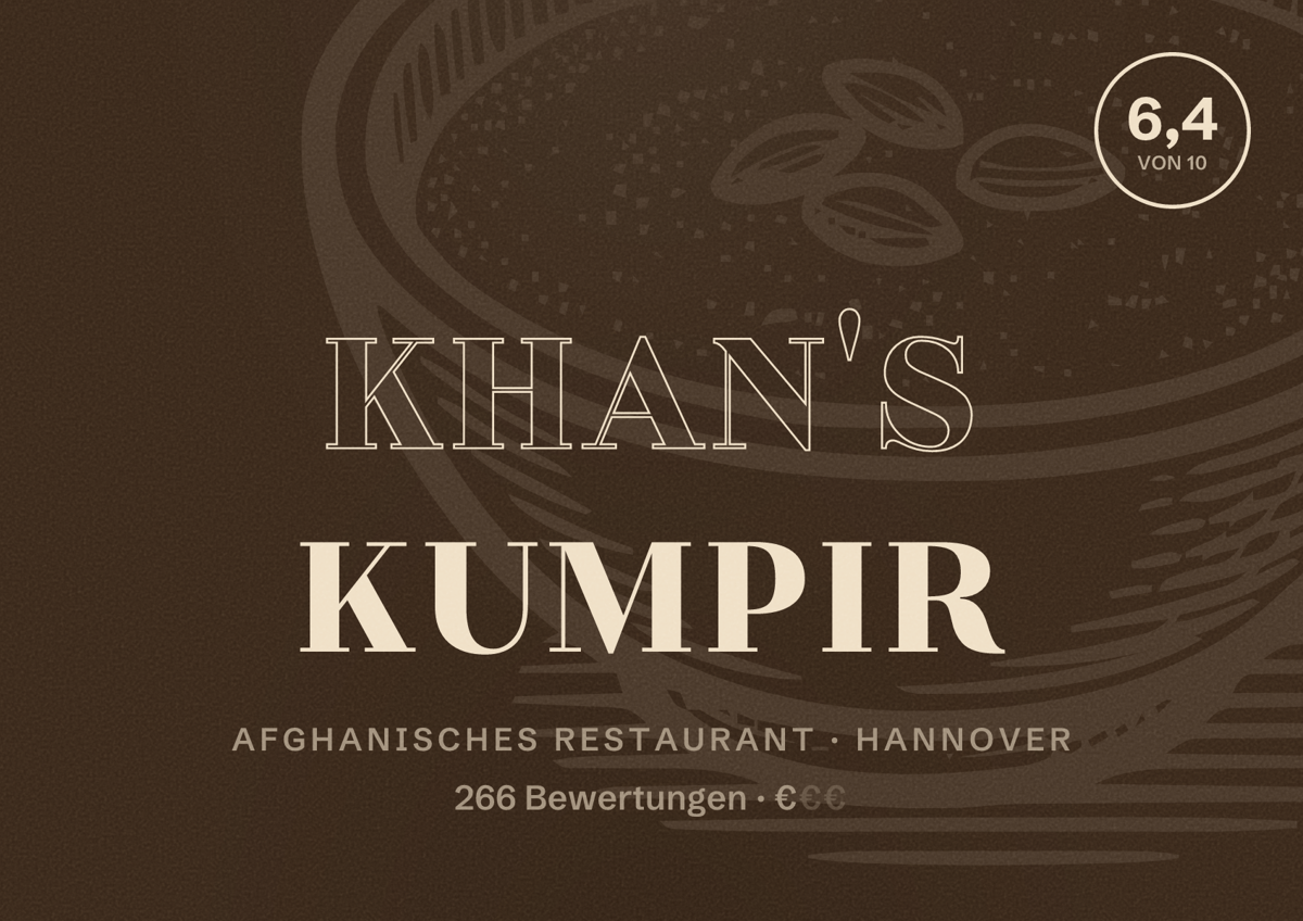 Illustriertes Poster von Khan's Kumpir, Afghanisches Restaurant in Hannover: Bewertung 6,4 von 10 aus 266 Bewertungen, Preisniveau €