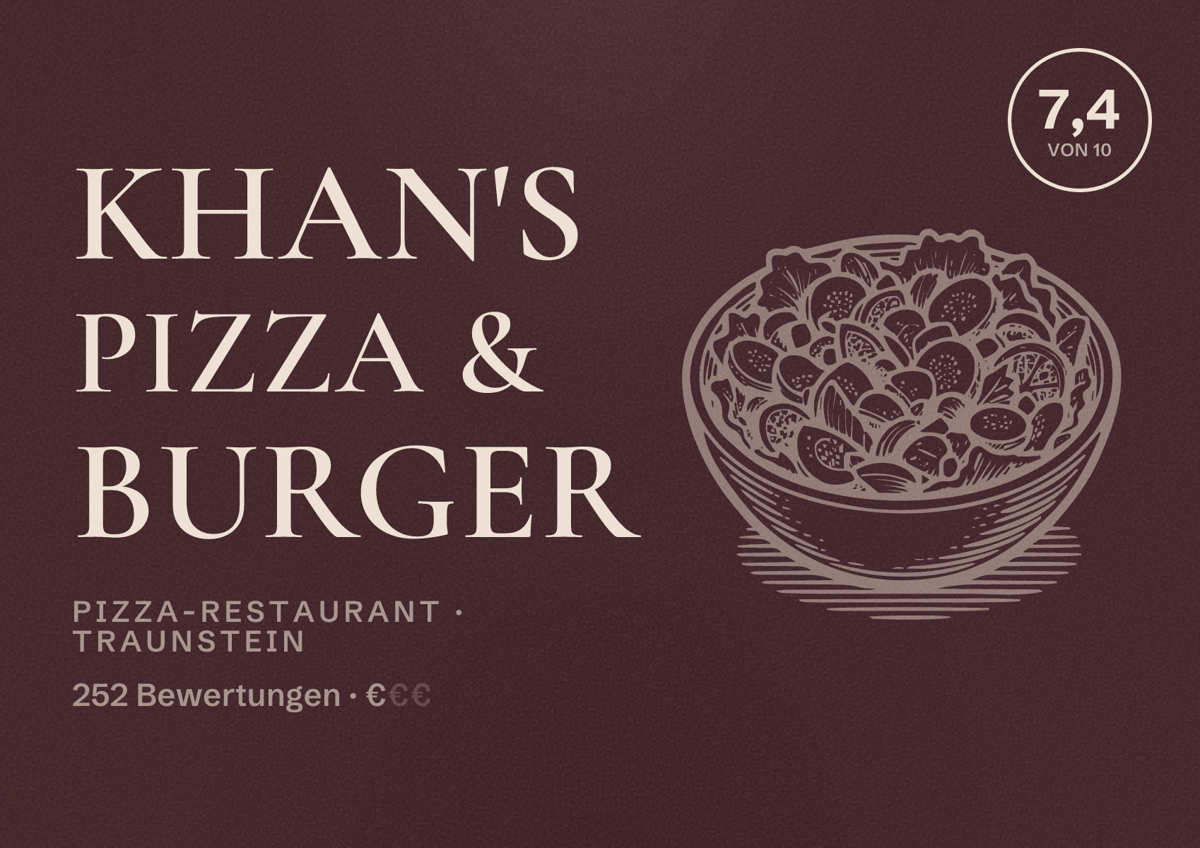 Illustriertes Poster von Khan's Pizza & Burger, Pizza-Restaurant in Traunstein: Bewertung 7,4 von 10 aus 252 Bewertungen, Preisniveau €