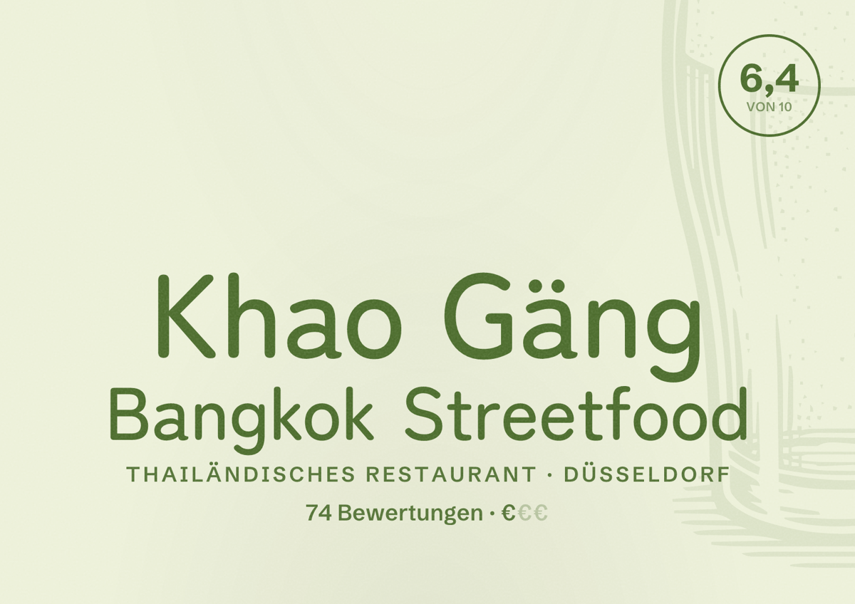 Illustriertes Poster von Khao Gäng Bangkok Streetfood, Thailändisches Restaurant in Düsseldorf: Bewertung 6,4 von 10 aus 74 Bewertungen, Preisniveau €