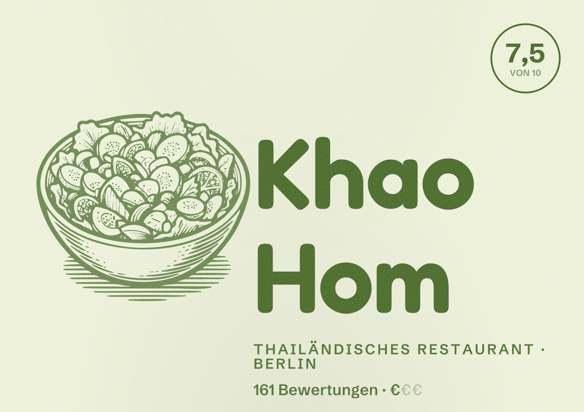 Illustriertes Poster von Khao Hom, Thailändisches Restaurant in Berlin: Bewertung 7,5 von 10 aus 161 Bewertungen, Preisniveau €
