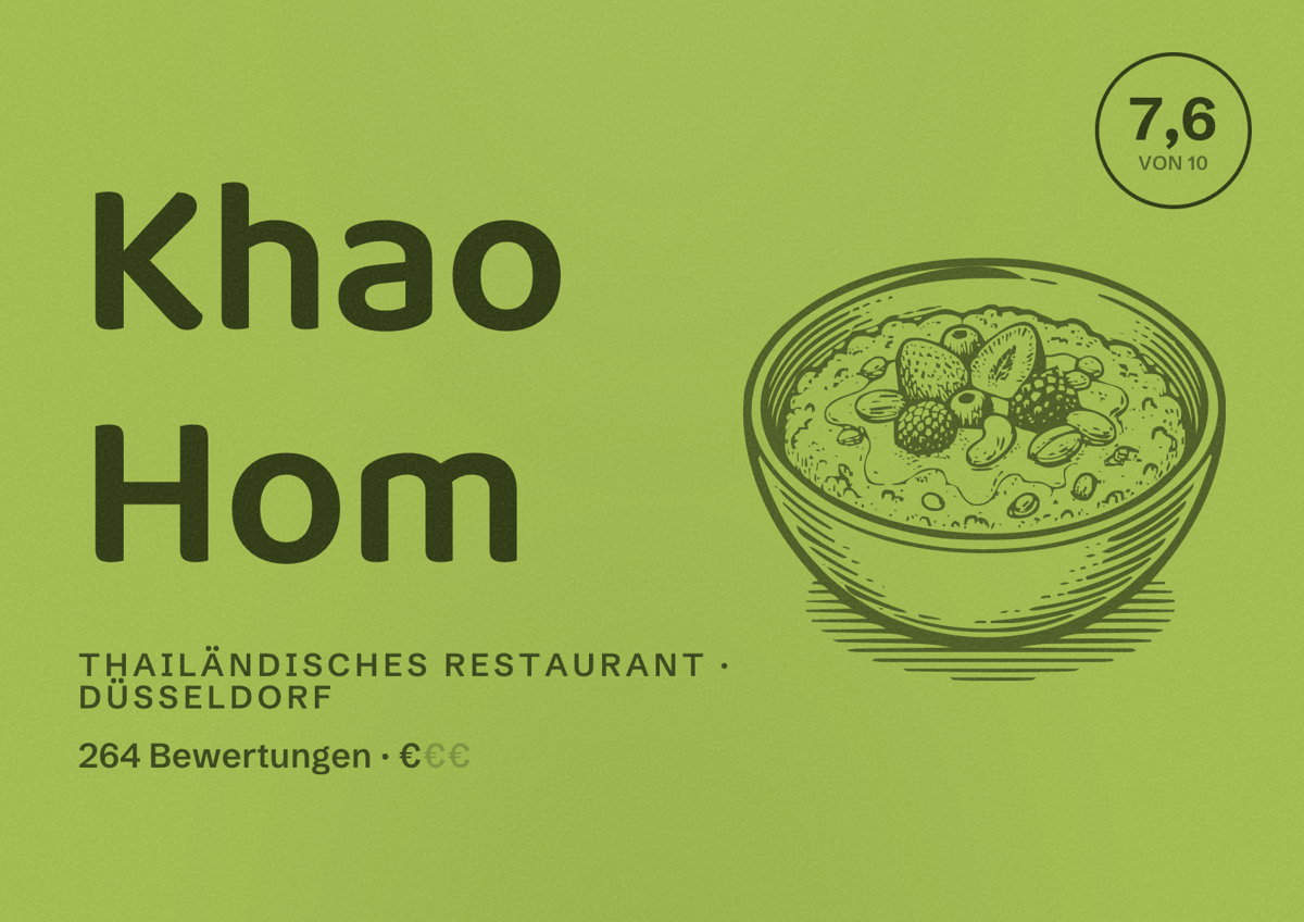Illustriertes Poster von Khao Hom, Thailändisches Restaurant in Düsseldorf: Bewertung 7,6 von 10 aus 264 Bewertungen, Preisniveau €