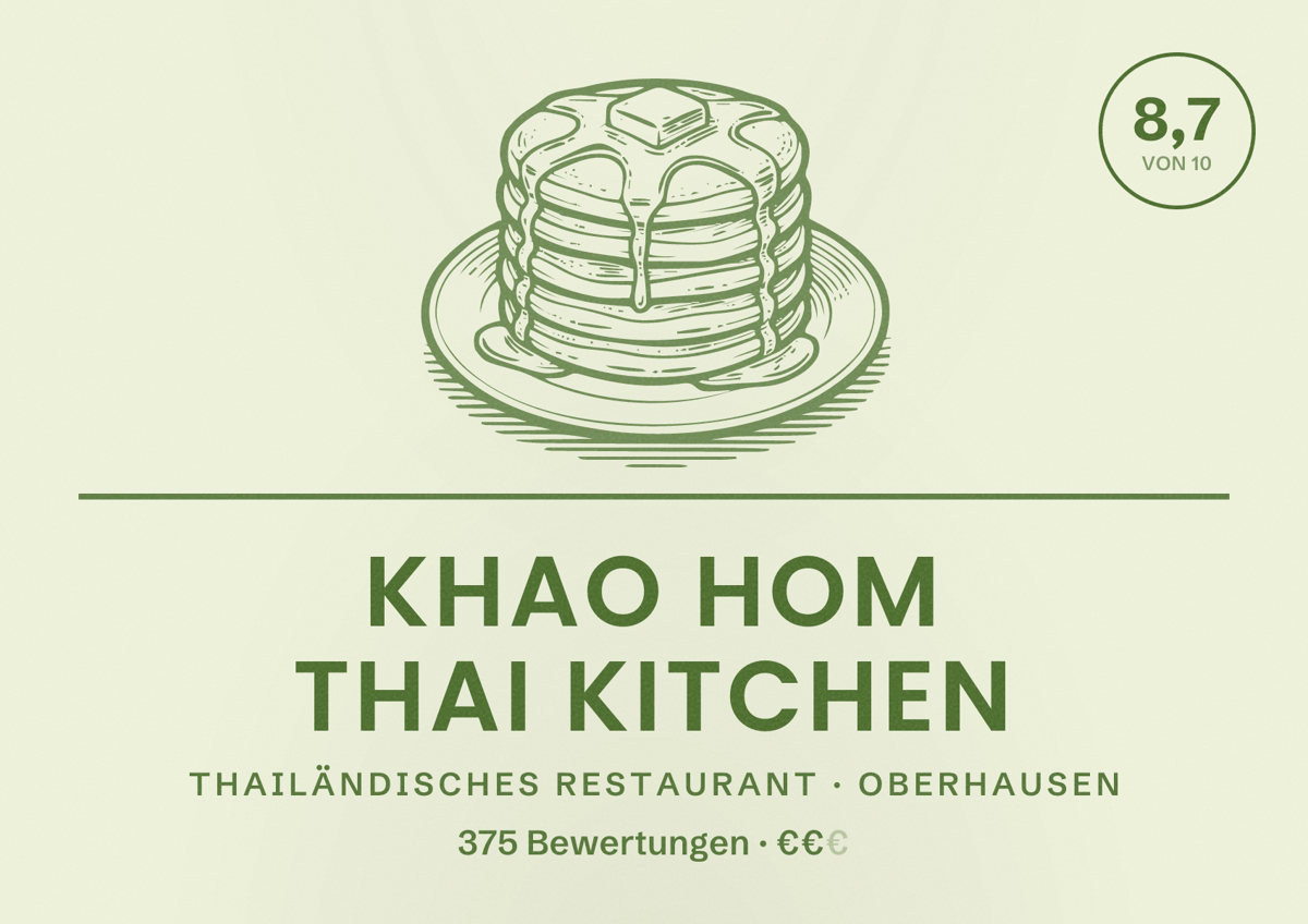 Illustriertes Poster von Khao Hom Thai Kitchen, Thailändisches Restaurant in Oberhausen: Bewertung 8,7 von 10 aus 375 Bewertungen, Preisniveau €€